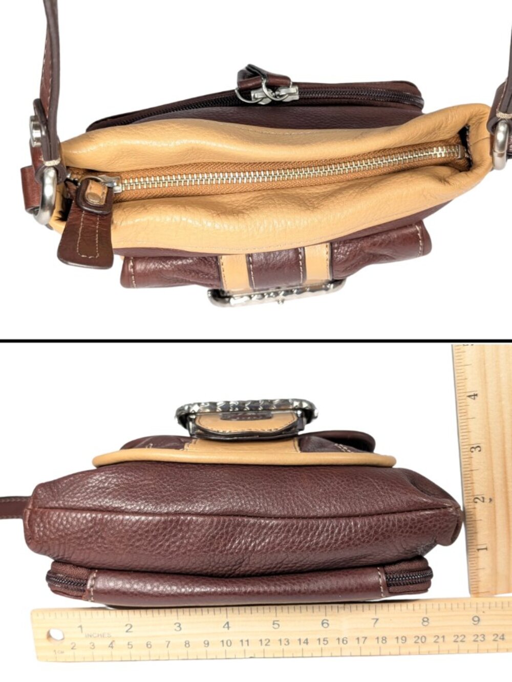 b.makowsky Brown Tan Leather Color Block Chunky Buckle Zip Crossbody w/Pockets - Picture 5 of 11